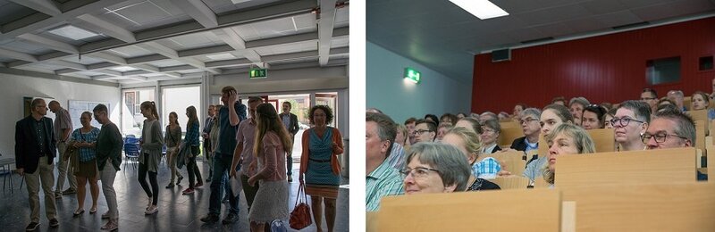links: Foto des Eingangsbereichs im Hörsaalgebäude mit den ankommenden Preisträgern, rechts: Fotoaufnahme im Hörsaal mit den wartenden Teilnehmern