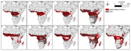 Vergleich modellierter Lebensraum (rot) und Verbreitung nach IUCN (schraffiert) der neun potenziellen Reservoirwirte des Zaire ebolavirus 