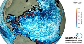 Oberflächenströmungen und Meereisverteilung, simuliert durch das hochauflösende Ozeanmodell VIKING20X