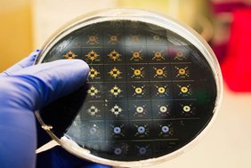 Speziell entwickelte „Mikrofluidik-Chips“ auf einem Silicon-Wafer. Speziell entwickelte „Mikrofluidik-Chips“ auf einem Silicon-Wafer.