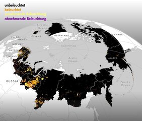 Pan-Arktische Karte, die unbeleuchtete und beleuchtete Gebiete zeigt
