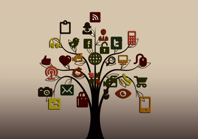 Grafik eines Baumes - die Blätter sind Logos bzw. Signets für unterschiedliche Kommunikationskanäle
