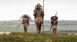 Künstlerische Rekonstruktion einer Jäger-Sammler-Gruppe aus der Eiszeit. 