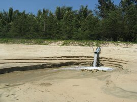 Aus den küstennahen Aquakulturteichen in Hainan, China, wird das Wasser wie hier am Strand von Coconut Bay ungefiltert in die Küstengewässer eingeleitet. 