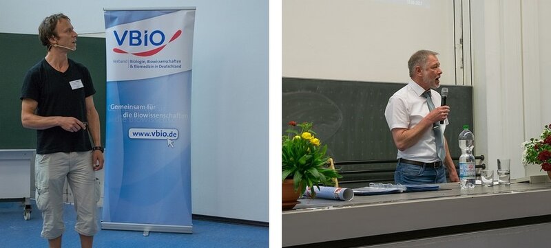 links: Foto von Dr. Sebastian Lotzkat beim Vortrag, rechts: Foto von Dr. Jörg Klug beim Vortrag