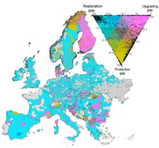 Die Karte zeigt die Verteilung der Lücken bezüglich Schutz, Wiederherstellung und Aufwertung von Primärwäldern in Europa zur Erfüllung der aktuellen Schutzziele