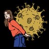 Grafik Frau mit Covid-Virus auf dem Rücken
