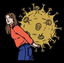 Grafik Frau mit Covid-Virus auf dem Rücken