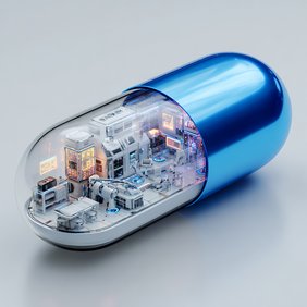 Grafische Darstellung: BiotechLabor in einer Medikamentenkapsel