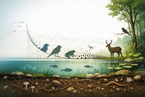 Ein KI-generiertes Bild: Panoramische Wissenschaftsillustration zur Dynamik der Biodiversität mit Rang-Abundanz-Kurve, Populationsschwankungen, Interaktionsnetz und Zuwanderungsfluss Ein KI-generiertes Bild: Panoramische Wissenschaftsillustration zur Dynamik der Biodiversität mit Rang-Abundanz-Kurve, Populationsschwankungen, Interaktionsnetz und Zuwanderungsfluss