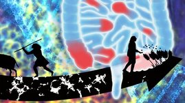 Künstlerische Darstellung des Zusammenhangs zwischen Veränderung der Lebensweise zu Beginn der Jungsteinzeit und der Häufigkeit von chronischen entzündlichen Darmkrankheiten heute.  