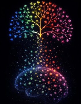 Die künstlerische Darstellung veranschaulicht die in der Studie beschriebene geordnete Vielfalt mikroglialer Reaktionsprogramme bei verschiedenen Hirnerkrankungen. 