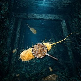 Bildung verschiedener Nanopartikel in der Zellmembran von Bakterien im Grubenwasser. Bakterien KI-Bild