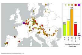 Europakarte mit Informationen zur  chemischen Belastung von Fließgewässern