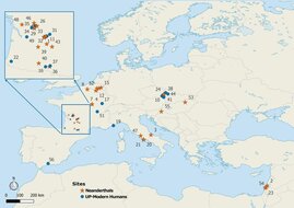 Fundorte der untersuchten Zähne: Orangefarbene Sterne bezeichnen Funde von Neandertalern; blaue Kreise bezeichnen Funde moderner Menschen aus der Jüngeren Altsteinzeit.