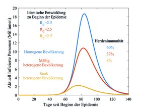  Einfluss der Heterogenität einer Bevölkerung auf die Herdenimmunität: Die Kurven geben jeweils den Verlauf der Infektionszahlen bei einer Epidemie ohne Maßnahmen zur Eindämmung wieder. 