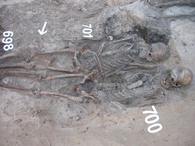 Skelette von Pestopfern aus dem 17. Jahrhundert vom Friedhof St. Gertruden in Riga, Lettland. 