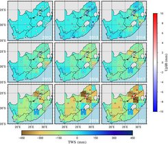 Die Grafik zeigt die Wasserverluste und -gewinne in Südafrika zwischen 2012 und 2020.