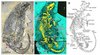 Megacauda sungei: a) Fotografie des Fossils. b) Röntgenfluoreszenz-Aufnahme (gelb: Skelett, dunkelgrau: Fell und Weichteile, türkis: umgebendes Sediment), c) Umzeichnung mit Benennung der wichtigsten Knochen. Megacauda sungei: a) Fotografie des Fossils. b) Röntgenfluoreszenz-Aufnahme (gelb: Skelett, dunkelgrau: Fell und Weichteile, türkis: umgebendes Sediment), c) Umzeichnung mit Benennung der wichtigsten Knochen.