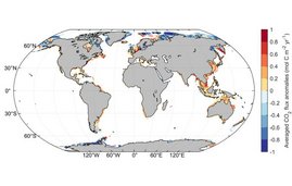 Die Grafik zeigt die weltweiten Veränderungen des CO₂-Austauschs zwischen Meer und Atmosphäre während mariner Hitzewellen in Küstenregionen. 