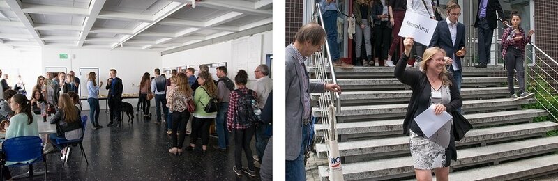 links: Mittagspause im Foyer des Hörsaals mit Buffet, rechts: Sammlung für die Führungen mit der Karl-von-Frisch-Beauftragten Beate Ullrich