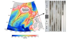 Sedimentkern aus dem Nordostatlantik, der 1995 an Bord des Forschungsschiffs JOIDES Resolution entnommen wurde.