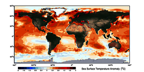 Die beobachtete Anomalie der Meeresoberflächentemperatur während der letzten 5 Jahre des Satellitenzeitalters (2015-2019) relativ zu den ersten 5 Jahren des Satellitenzeitalters (1982-1986).