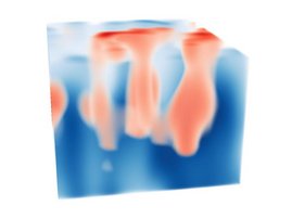 3D-Rendering eines Ausschnitts des visuellen Kortex der Maus. Nervenzellen, die Informationen eines Auges verarbeiten, sind in Säulen angeordnet (rot).