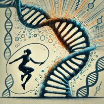 Grafische Darstellung DNA und Frau mit Springseil