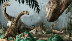 Europasaurus-Tiere wachen über die frisch geschlüpften Europasaurus-Küken