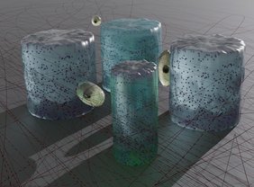 Lichtreaktive Hydrogel-Mikrostrukturen, eingebettet in Kollagennetzwerk. 