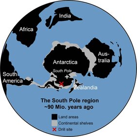 Vereinfachte Übersichtskarte der Südpolarregion zum Zeitpunkt der Ablagerung vor etwa 90 Millionen Jahren. 