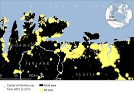 Geografische Verteilung von Brandereignissen (rot) im Verhältnis zur durch menschliche Aktivitäten beleuchteten Fläche (gelb) in der europäischen Arktis 2001–2013. Grafik: Geografische Verteilung von Brandereignissen (rot) im Verhältnis zur durch menschliche Aktivitäten beleuchteten Fläche (gelb) in der europäischen Arktis 2001–2013.