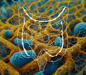 Darmbiofilme - in einer Matrix eingeschlossene Bakterien, die die Schleimschicht des menschlichen Darms besiedeln. 