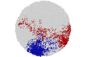 Computersimulation, die zeigt, wie sich Zellen, die denselben Mutationstyp aufweisen, entweder eng in einem Bereich des Tumors gruppieren (blau dargestellt) oder sich über verschiedene Teile des Tumors verteilen 
