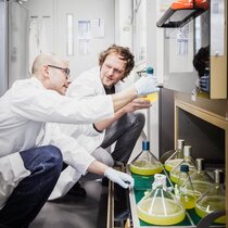 Felix Klatt und Dr. Claus-D. Kuhn (re.) bei der Arbeit mit High Five Insektenzellen. 