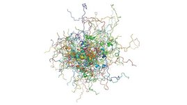 Viele Momentaufnahmen des Krebsproteins p53, die farblich getrennt übereinandergelegt sind, veranschaulichen die komplexen Bewegungsmuster dieses intrinsisch ungeordneten Proteins.
