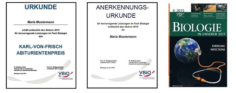 Von links nach recht: Abbildungen der an die Preisträger überreichten Urkunde und Anerkennungsurkunde und ein Cover der "Biologie in unserer Zeit"