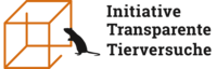 Logo der Transparenzinitiative Tierversuche. Grafik: Schwarze Ratte schaut in einen durch orange Linien skzzierten Glaskasten
