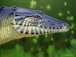 Künstlerische Darstellung des landlebenden Krokodils Doratodon carcharidens.