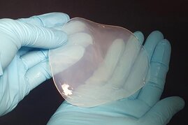 Eine behandschute Hand hält bakterielle Zellulose