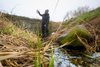 Im IGB-Freilandobservatorium Demnitzer Mühlenfließ wird der Wasser- und Stickstoffhaushalt der Landschaft detailliert untersucht. Mensch steht an einem Bach