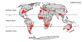 Die Grafik zeigt die geographische Lage aller EnMAP-Szenen, die für die Studie ausgewertet wurden. 