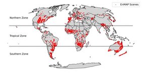 Die Grafik zeigt die geographische Lage aller EnMAP-Szenen, die für die Studie ausgewertet wurden. 
