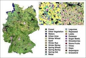 Deutschlandkarte Landbedeckung. Der Algorithmus identifiziert 19 verschiedene Feldfruchtarten mit einer Genauigkeit von 88 Prozent. 