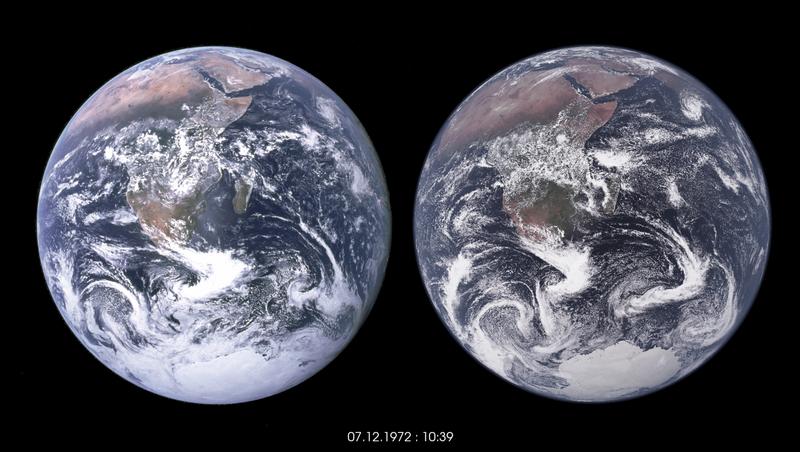 Der linke Globus zeigt das berühmte „Blue Marble“-Foto der Erde aus dem Jahr 1972. Der rechte Globus zeigt eine Visualisierung von Daten aus einer Simulation mit einem Ein-Kilometer-Gitter für Atmosphäre, Land und Ozean.